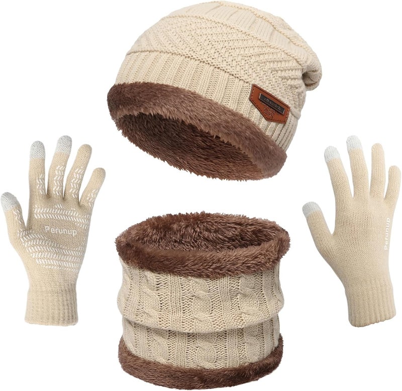 MAYLISACC Winter Knit Beanie Hat Neck Warmer Scarf and Touch Screen Gloves Set 3 Pcs Fleece Lined Skull Cap for Men Women - Image 1